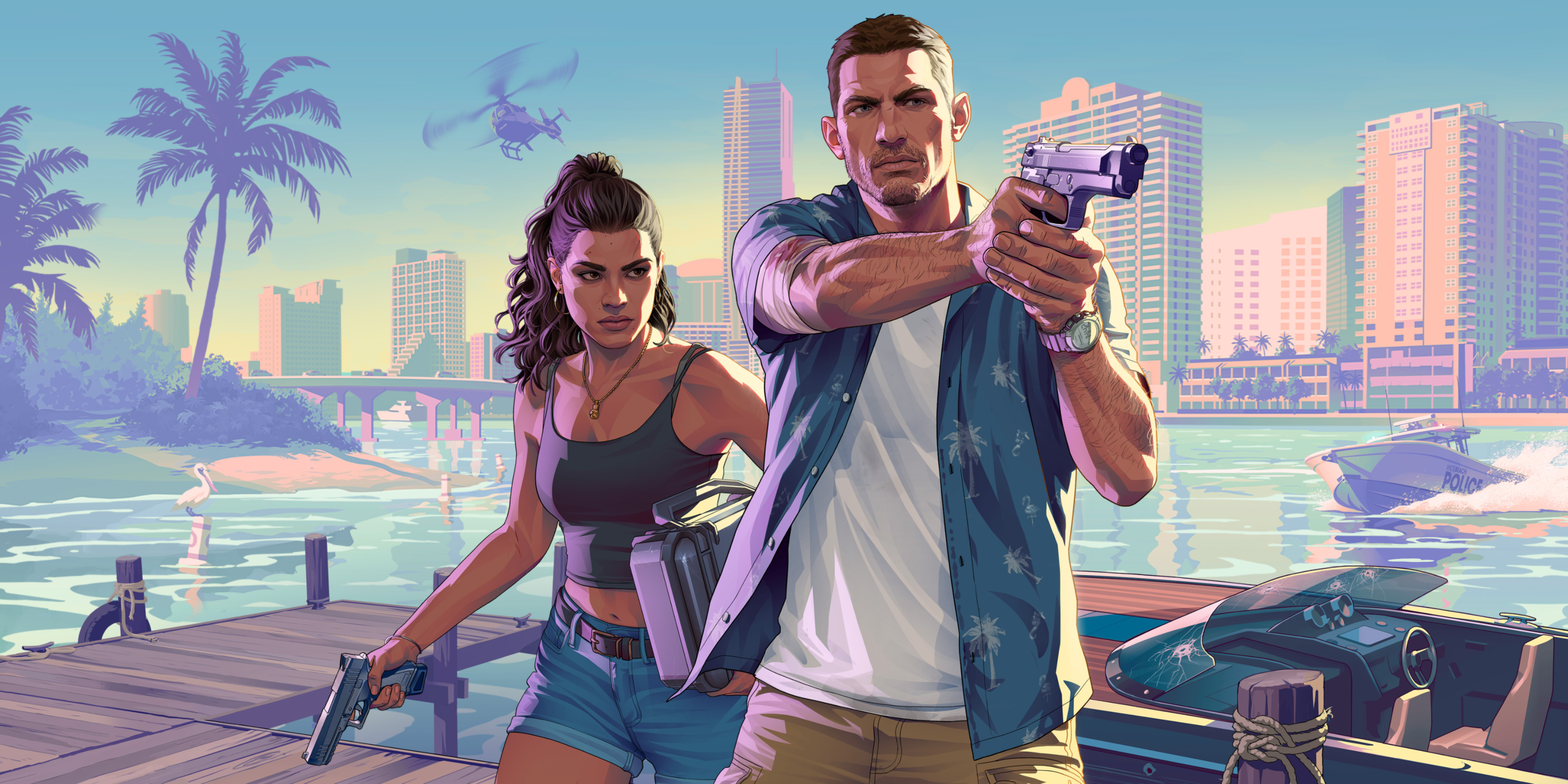 GTA VI arte oficial de capa com Lucia e Jason em Vice City