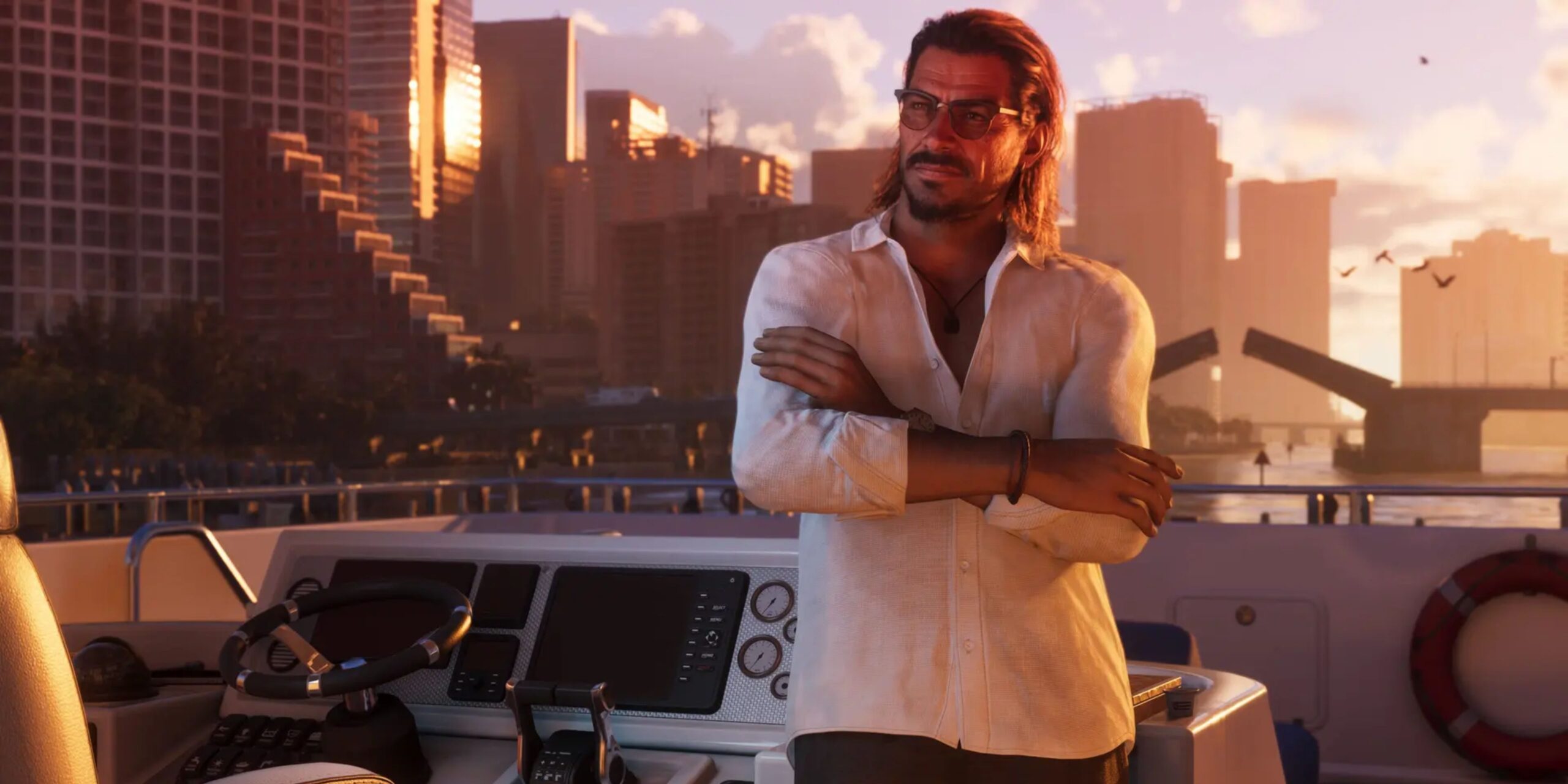 Screenshot oficial de GTA VI mostrando o personagem Raul Bautista em uma ponte em Vice City