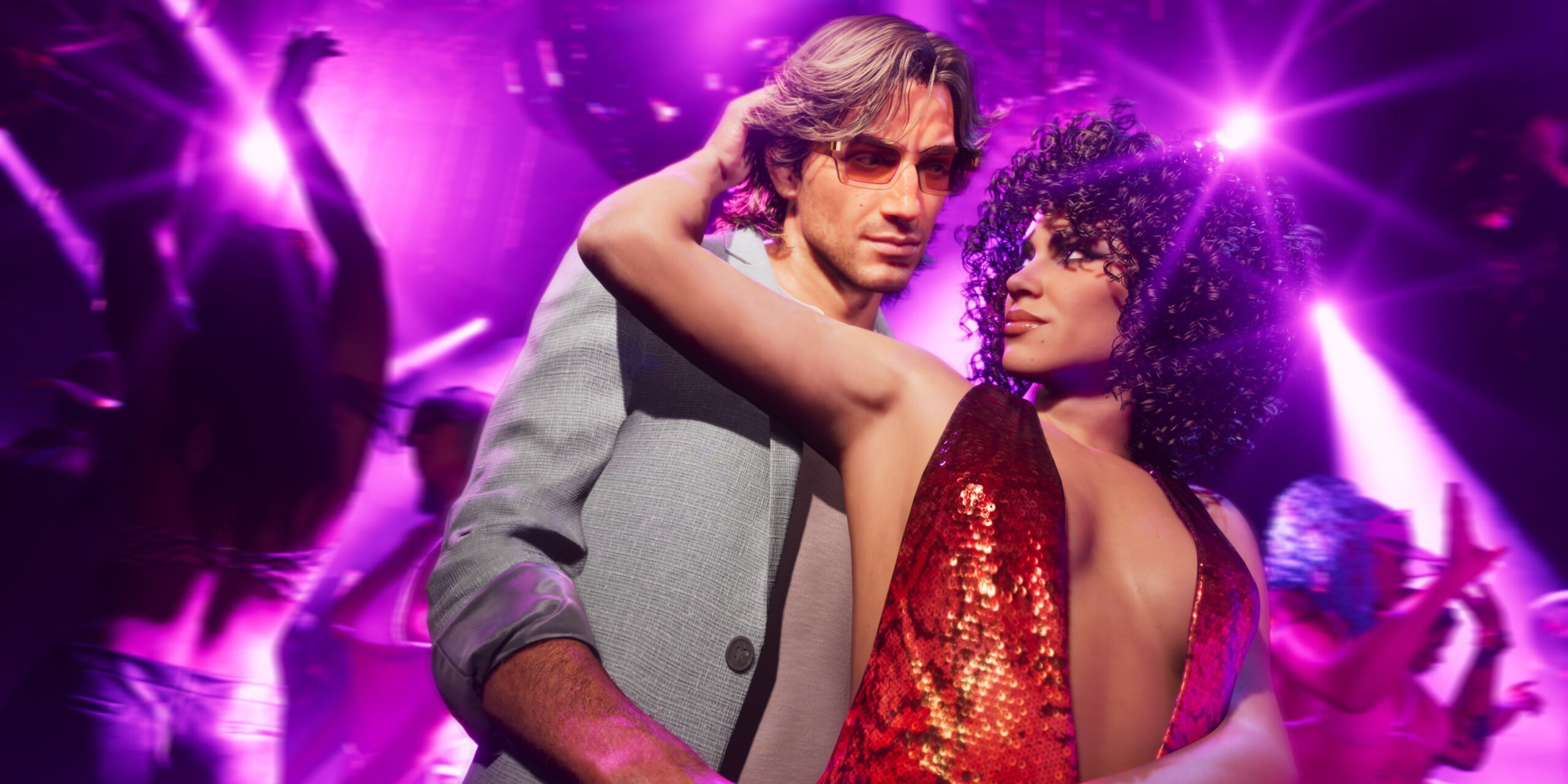 Jason e Lucia dançando num clube em GTA 6 com roupas Vintage Vice City