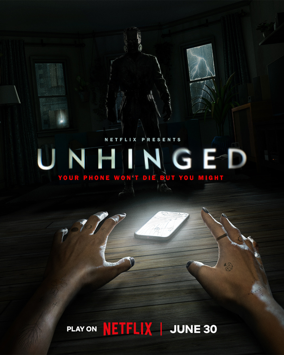 Cena do jogo Unhinged da Netflix mostrando celular no chão e figura nas sombras