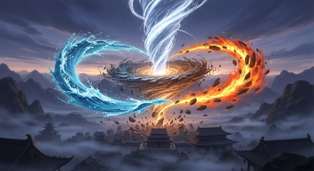 Arte de Avatar Sete Refugios mostrando os quatro elementos sobre um templo