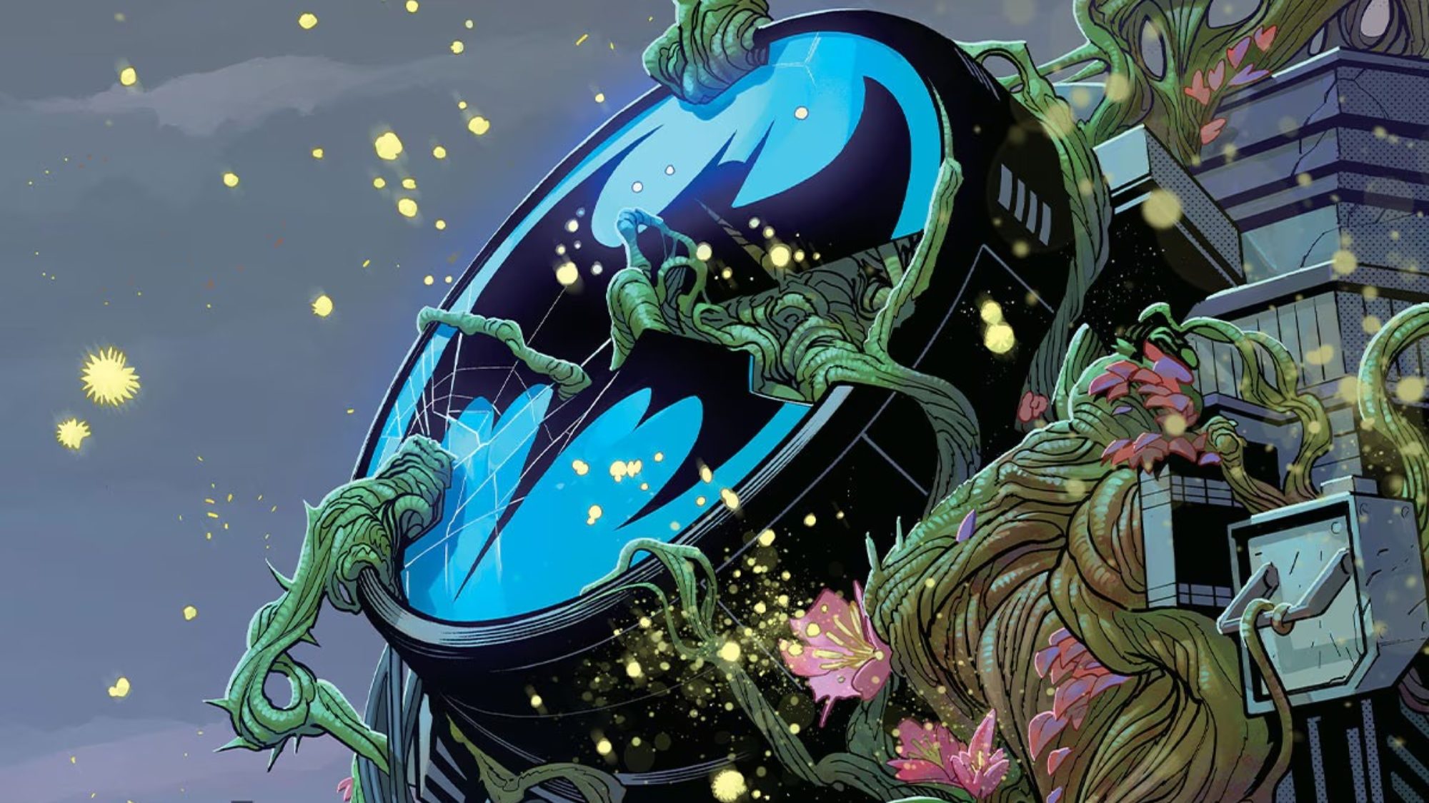 Arte promocional de Batman: Bad Seeds mostrando Gotham dominada por plantas