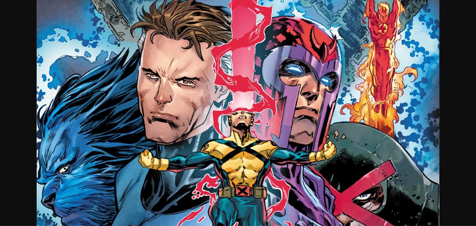 Arte oficial do evento DNX reunindo X-Men e Quarteto Fantástico