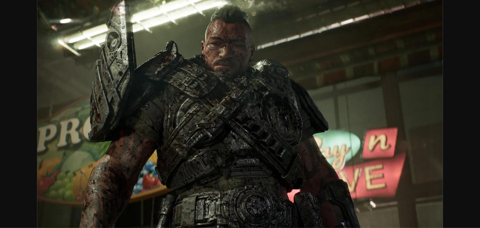Personagem de Gears of War E-Day coberto de sangue durante combate