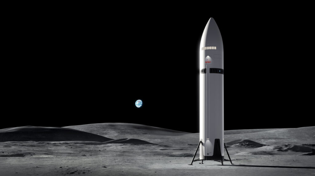 Conceito artístico do Starship HLS da SpaceX na superfície lunar