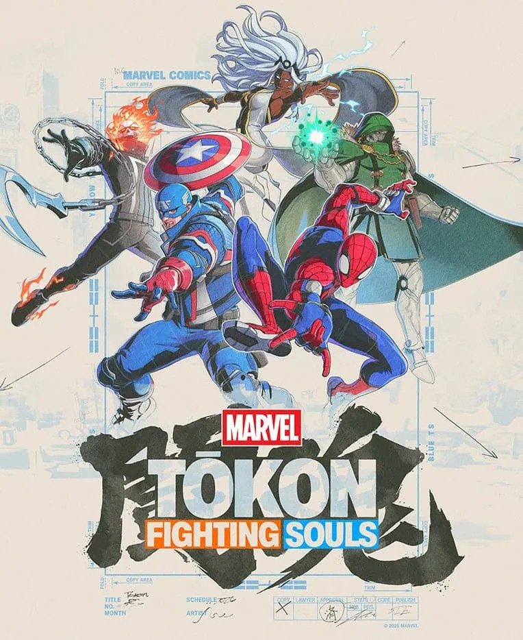 Pôster de Marvel Tokon Fighting Souls com o elenco de heróis