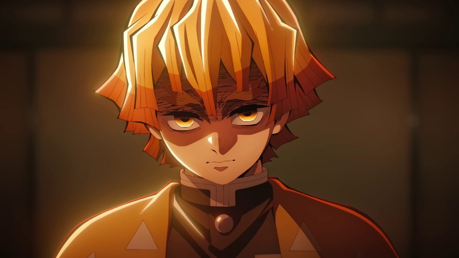 Zenitsu Agatsuma em close em cena de Demon Slayer: Castelo Infinito