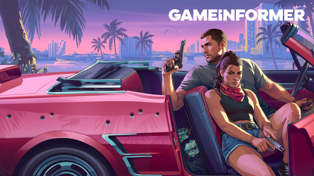 Jason e Lucia em um conversível rosa com marcas de tiro diante do horizonte de Vice City na capa da Game Informer sobre GTA 6