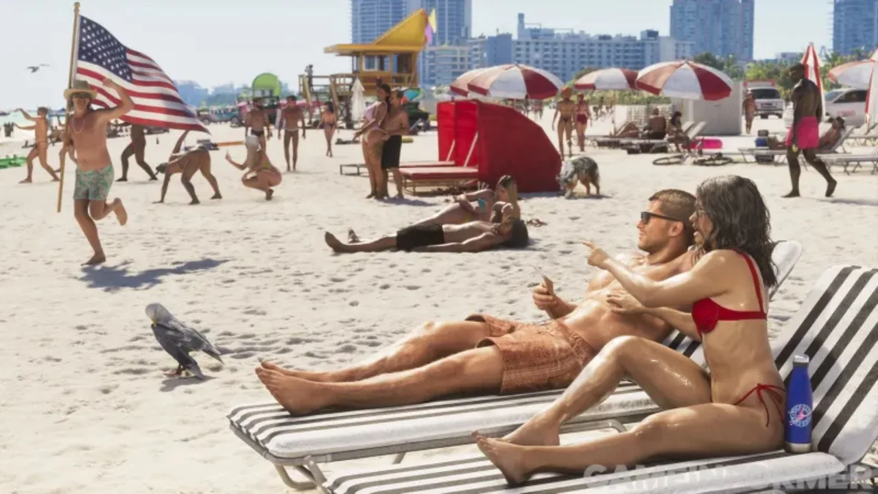 Jason e Lucia em espreguiçadeiras em uma praia lotada de Vice City em nova imagem de GTA 6