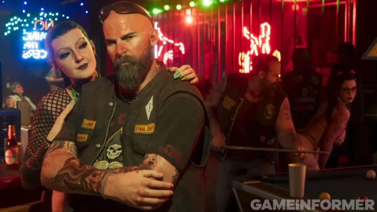 Interior de um bar de motoqueiros com neon e mesa de sinuca em nova imagem de GTA 6