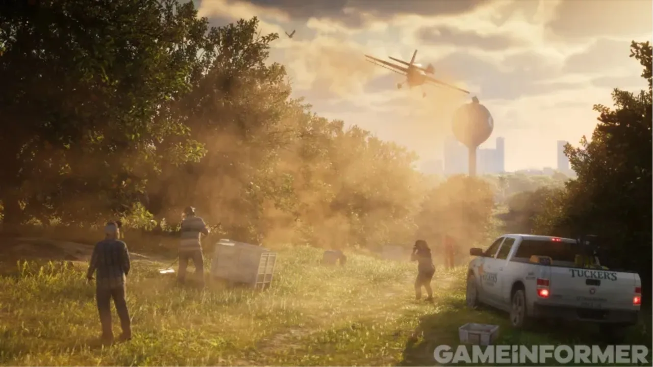 Avião agrícola pulverizando uma plantação perto de uma caixa-d’água em nova imagem de GTA 6
