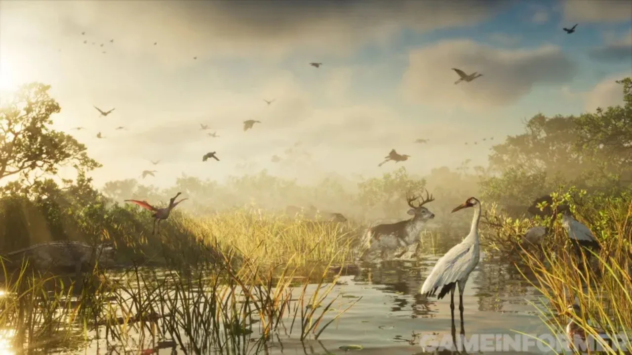 Pântano de Grassrivers ao nascer do sol com jacaré, colhereiro, cervo e bandos de aves em nova imagem de GTA 6