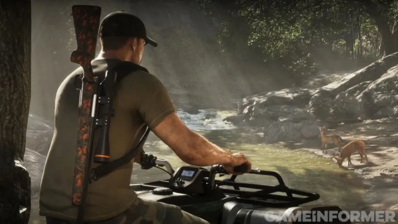 Homem com rifle nas costas sobre um quadriciclo observa dois cervos em um riacho em nova imagem de GTA 6