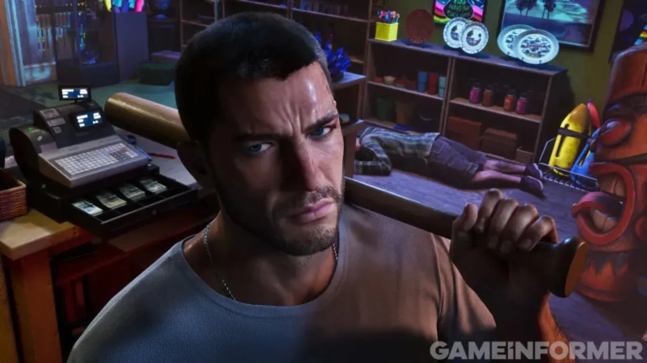 Jason com um taco de beisebol no ombro dentro de uma loja em nova imagem de GTA 6
