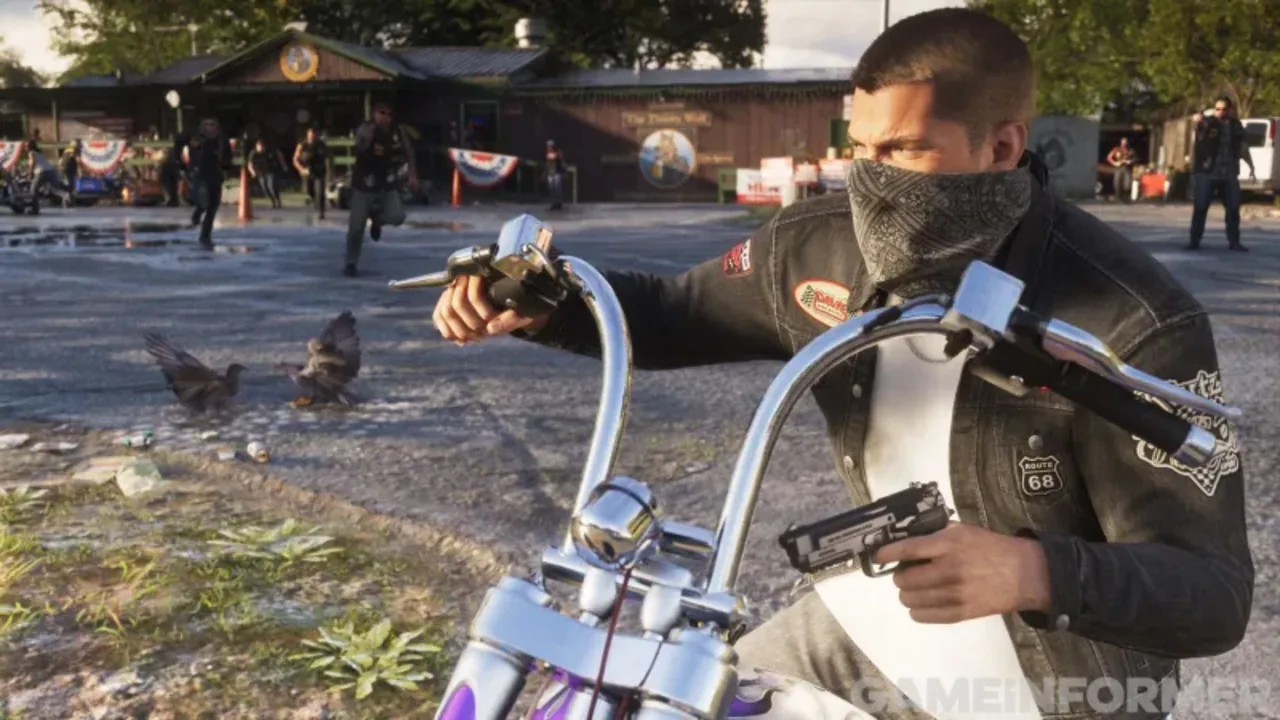 Jason de bandana e pistola em uma moto chopper saindo de um bar de motoqueiros em nova imagem de GTA 6