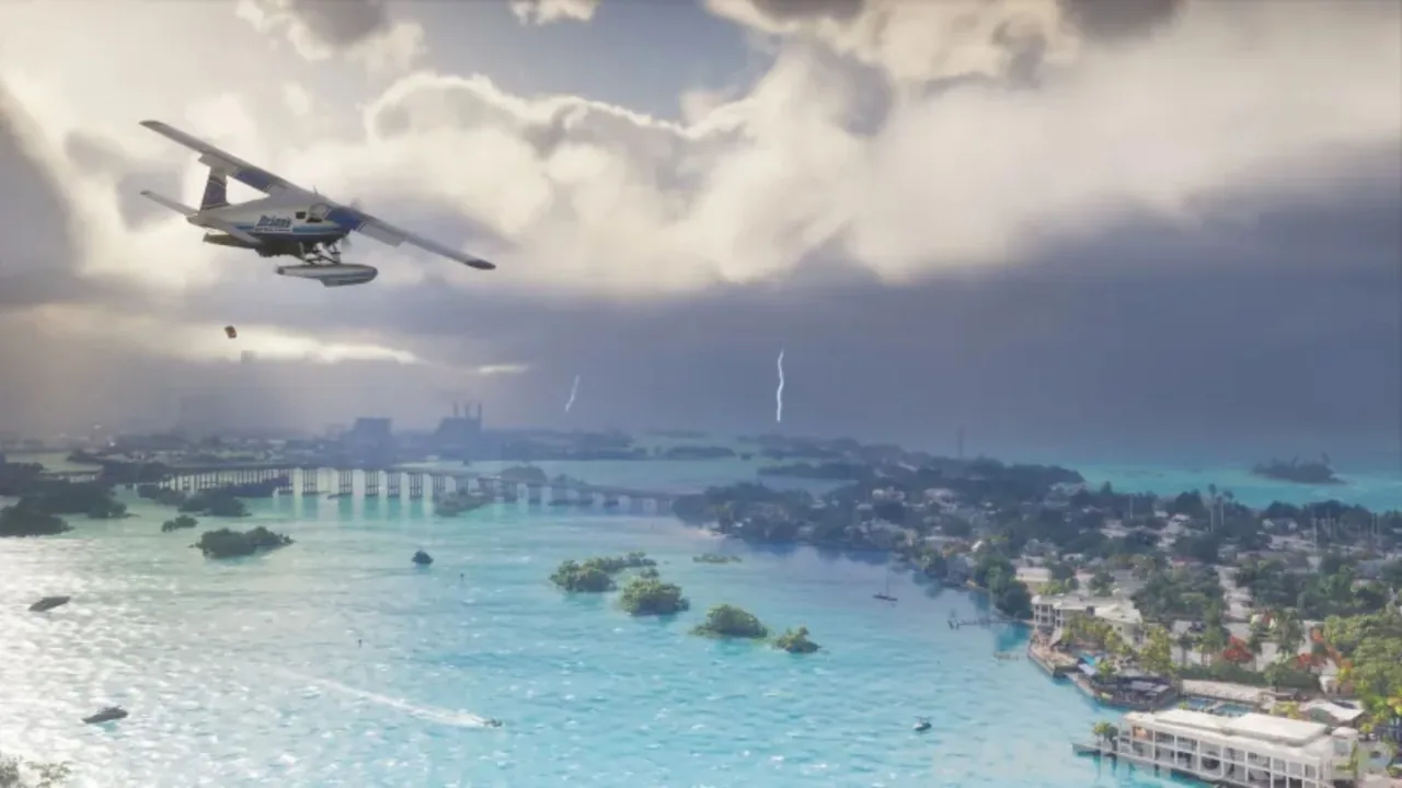 Hidroavião sobrevoa as Keys de Leonida com uma frente de tempestade e relâmpagos no horizonte em nova imagem de GTA 6