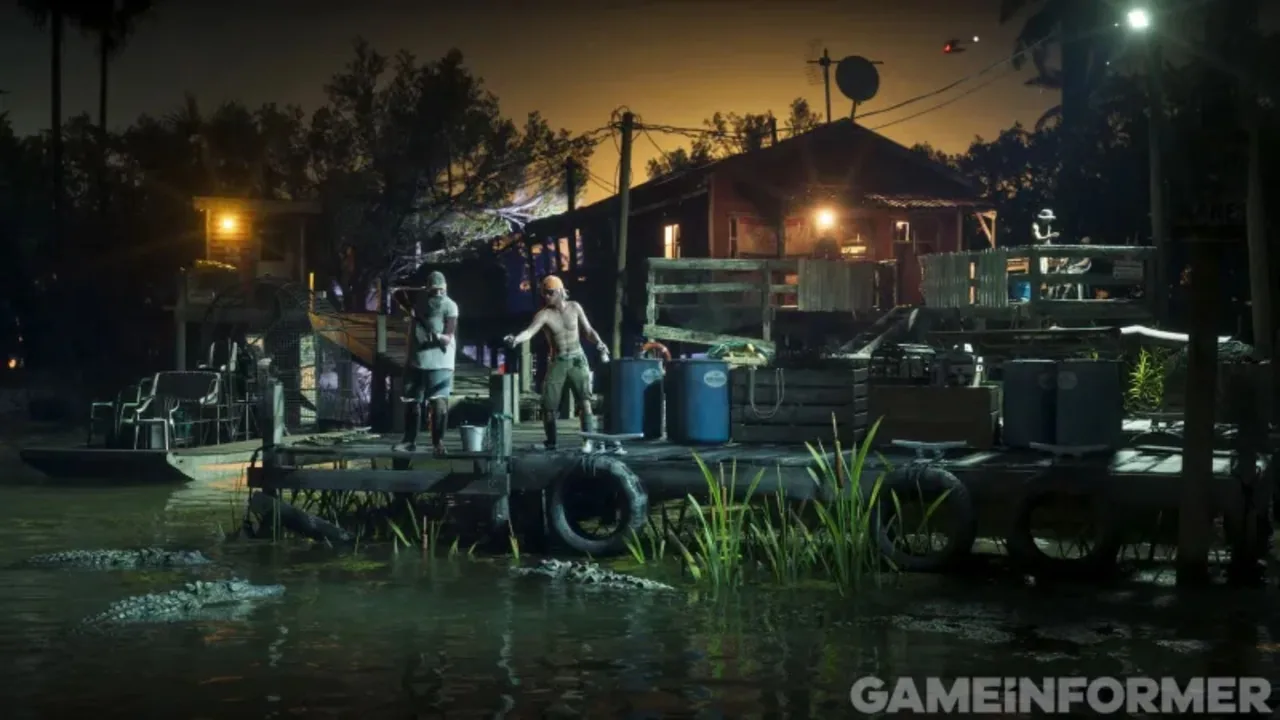Dois homens em um cais no pântano à noite com jacarés na água em nova imagem de GTA 6