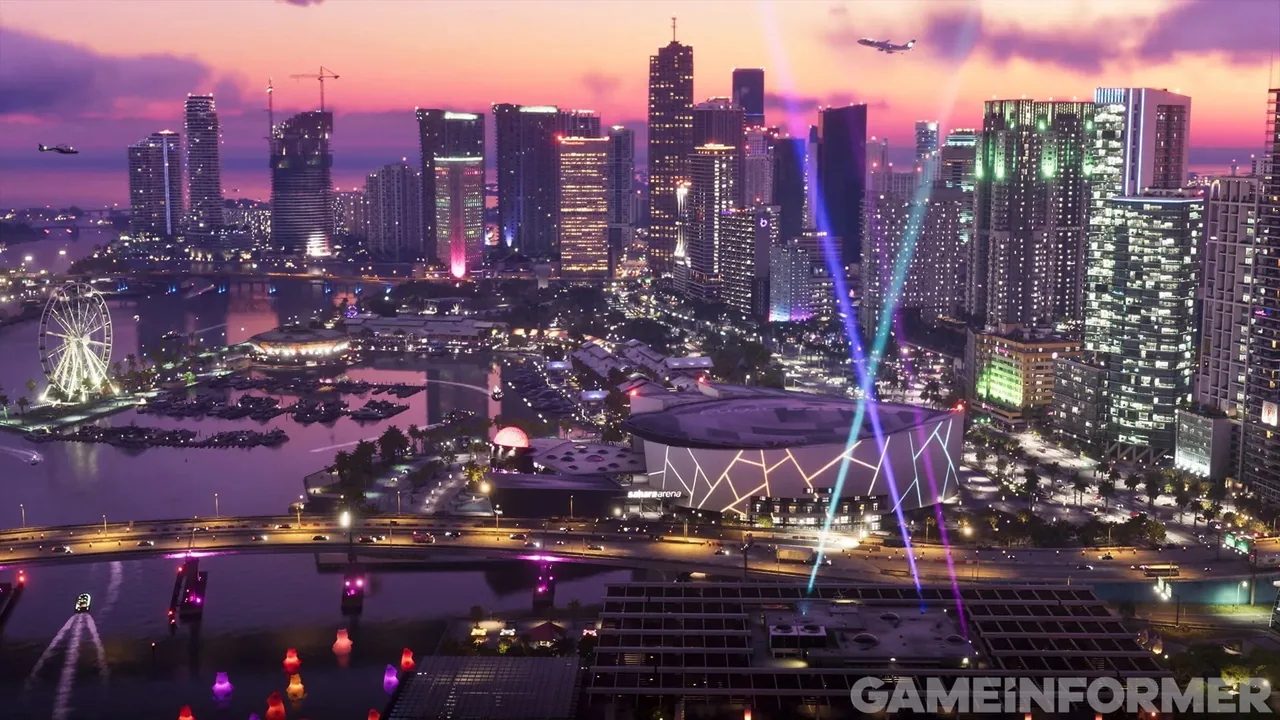 Centro de Vice City ao anoitecer com a Sahara Arena iluminada, roda-gigante e marina em nova imagem de GTA 6