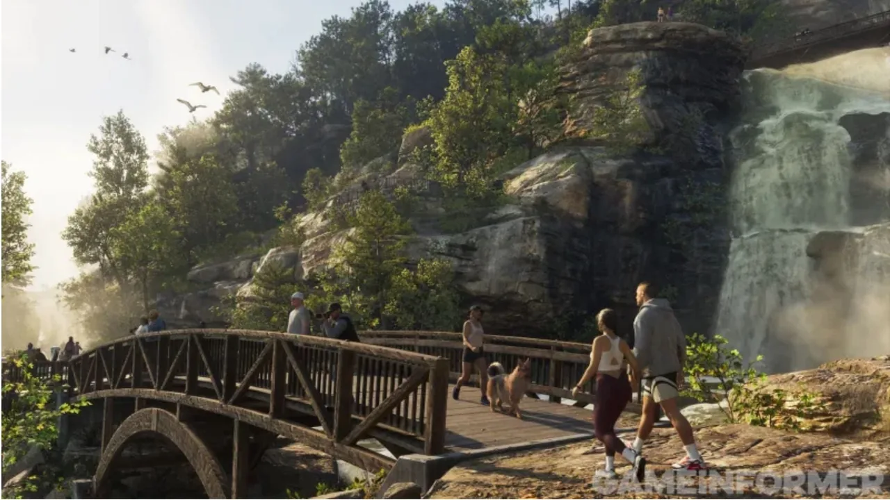 Casal atravessa uma passarela de madeira em uma trilha ao lado de uma cachoeira em nova imagem de GTA 6
