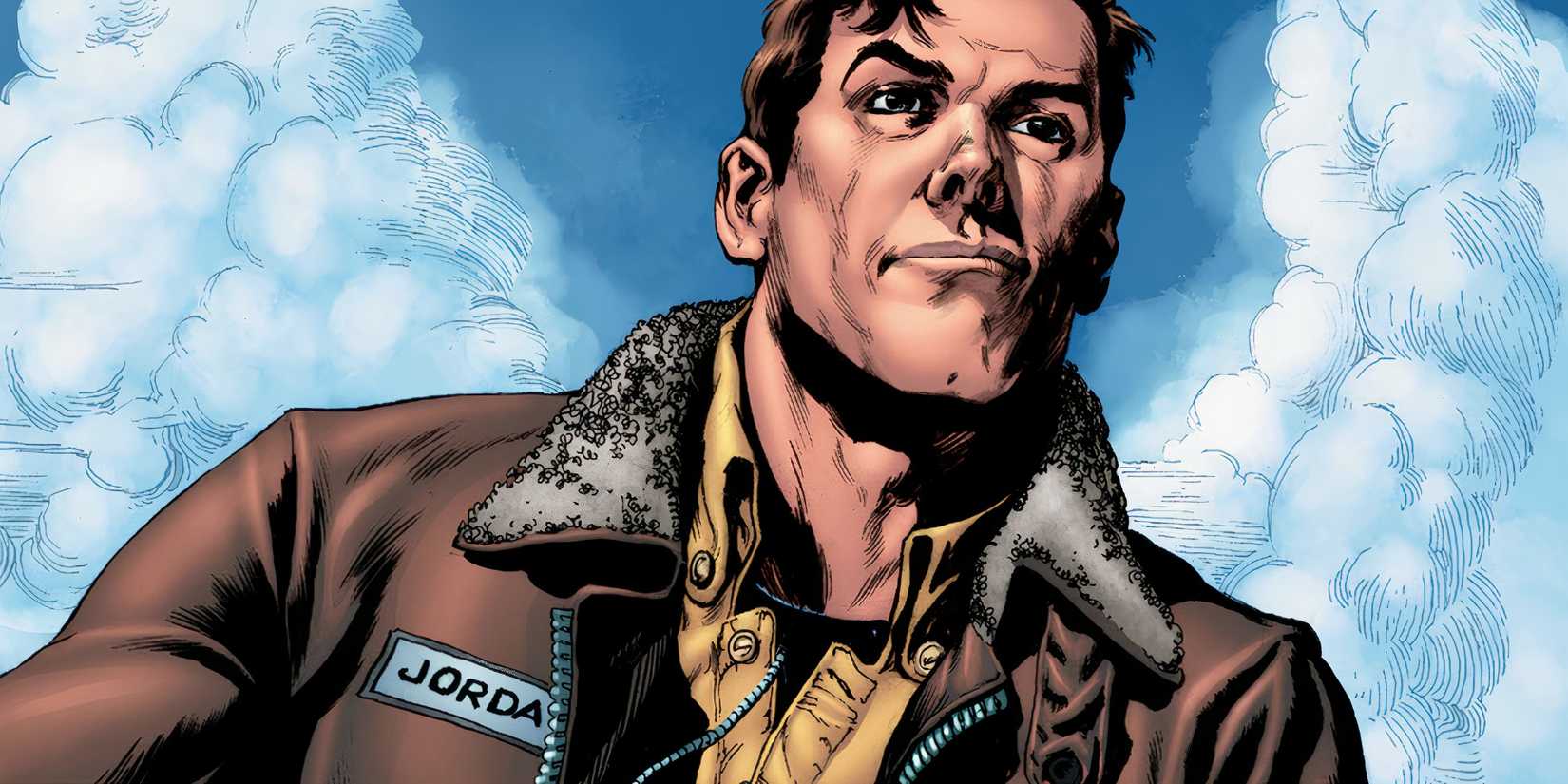 Hal Jordan vestindo a jaqueta de aviador nos quadrinhos da DC