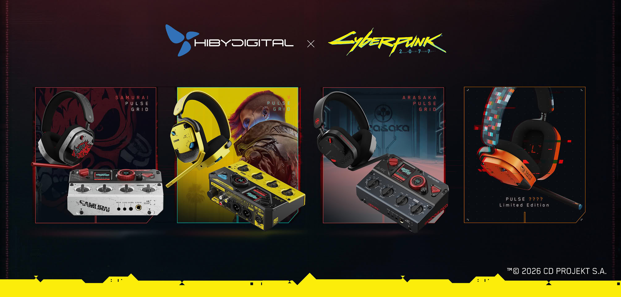 Edições SAMURAI, V, ARASAKA e PULSE Limited Edition do headset e da placa de som da HiBy Digital com tema de Cyberpunk 2077