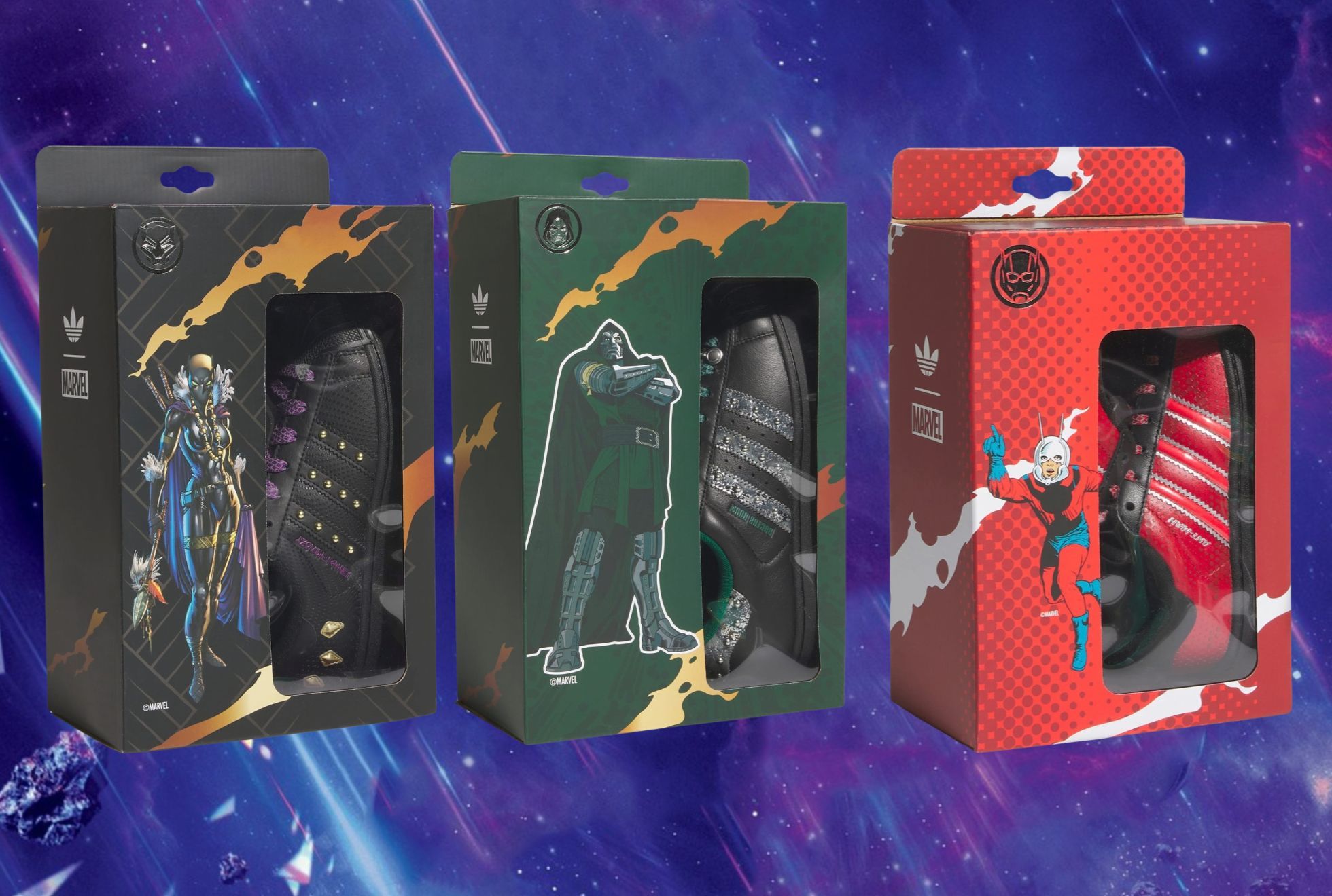 Caixas dos tênis adidas Superstar da Marvel com Shuri, Doutor Destino e Homem-Formiga