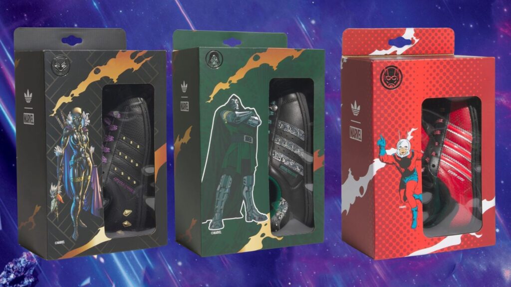 Caixas dos tênis adidas Superstar da Marvel com Shuri, Doutor Destino e Homem-Formiga, embaladas como action figures
