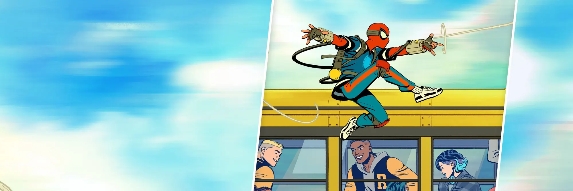 Homem-Aranha salta sobre um ônibus em arte de divulgação de Seu Amigão da Vizinhança: Homem-Aranha