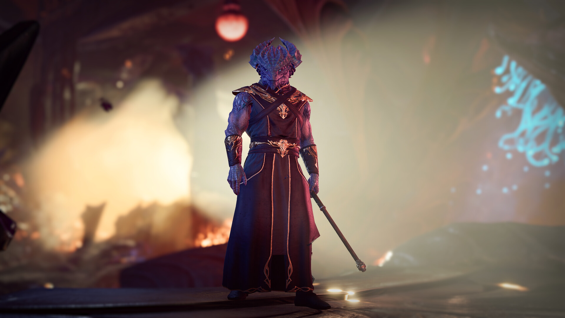 Um personagem draconato em um ambiente iluminado