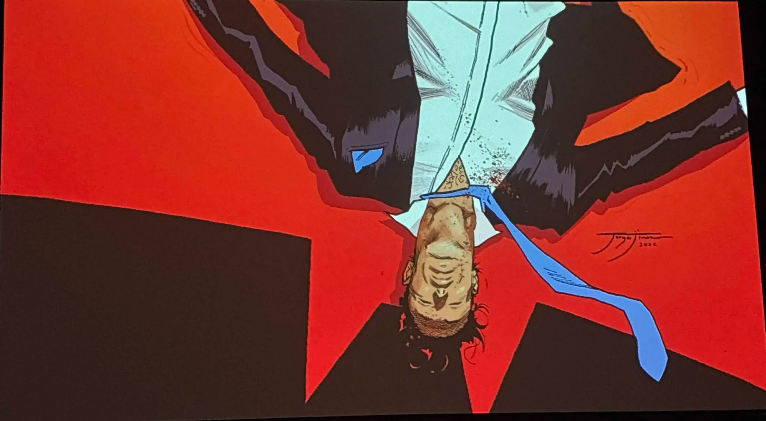 Arte de Batman #15 mostrando Bruce Wayne de cabeça para baixo, apresentada pela DC na New York Comic Con 2026
