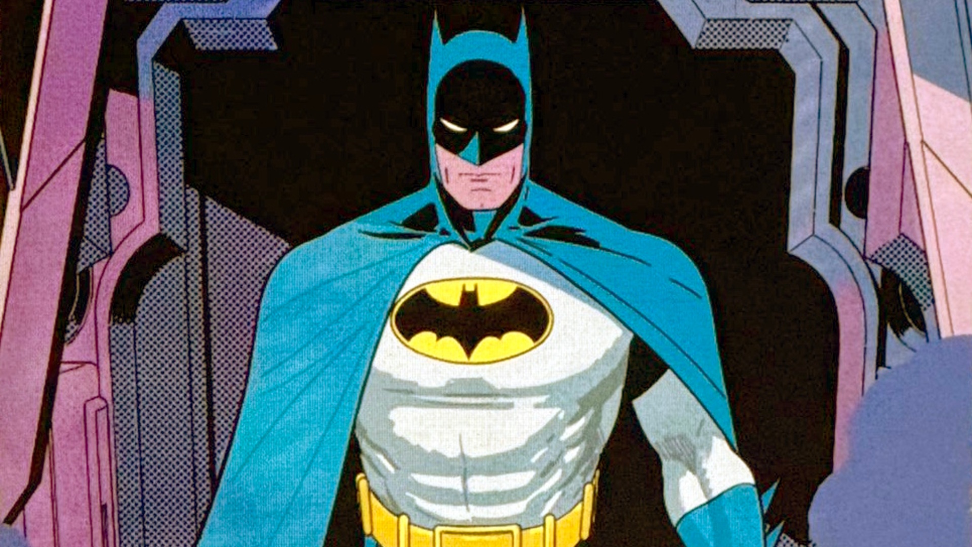 Batman de uniforme clássico, de capa azul, em arte de teaser de Batman: Justice Year