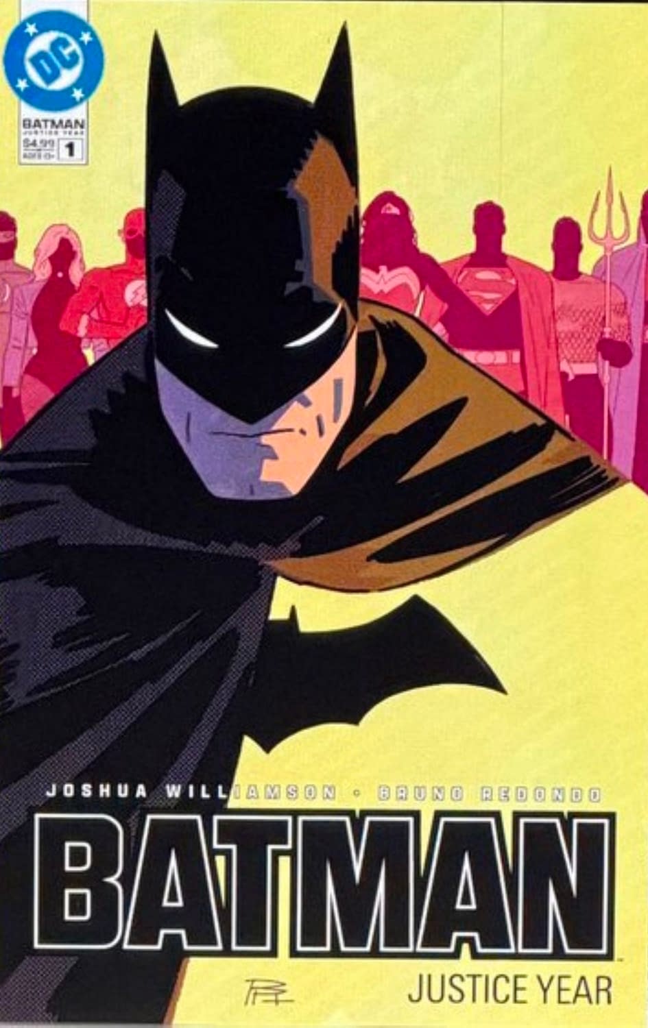 Capa de Batman: Justice Year #1, com o Batman em primeiro plano e silhuetas de heróis da Liga da Justiça ao fundo