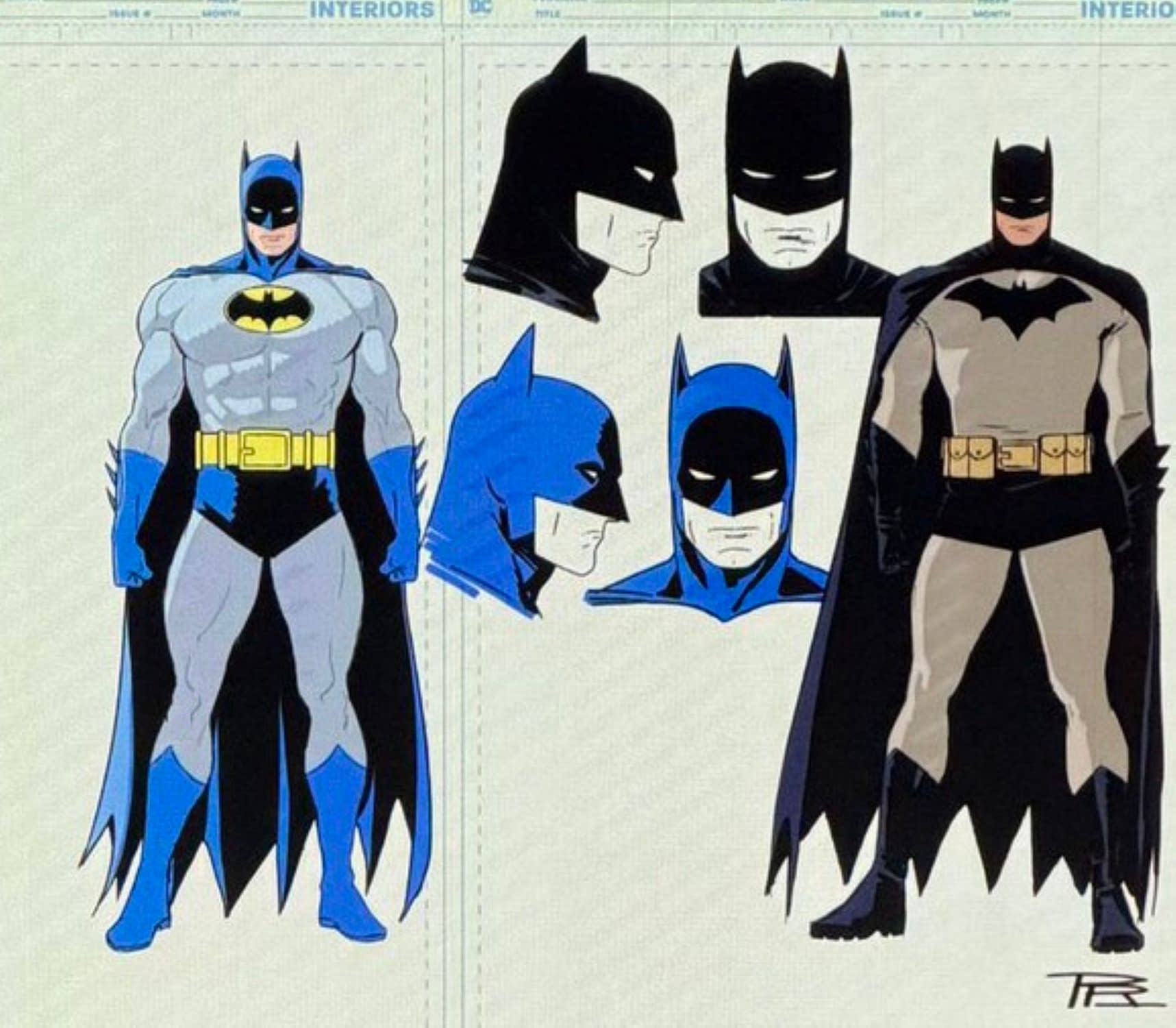 Folha de estudo com versões do uniforme do Batman, incluindo uma de cinza, em arte de teaser de Batman: Justice Year