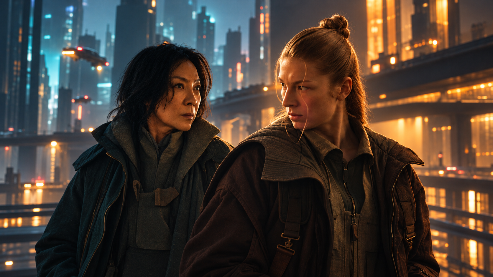 Cora e Olwen em montagem ilustrativa de Blade Runner 2099 diante de uma cidade futurista