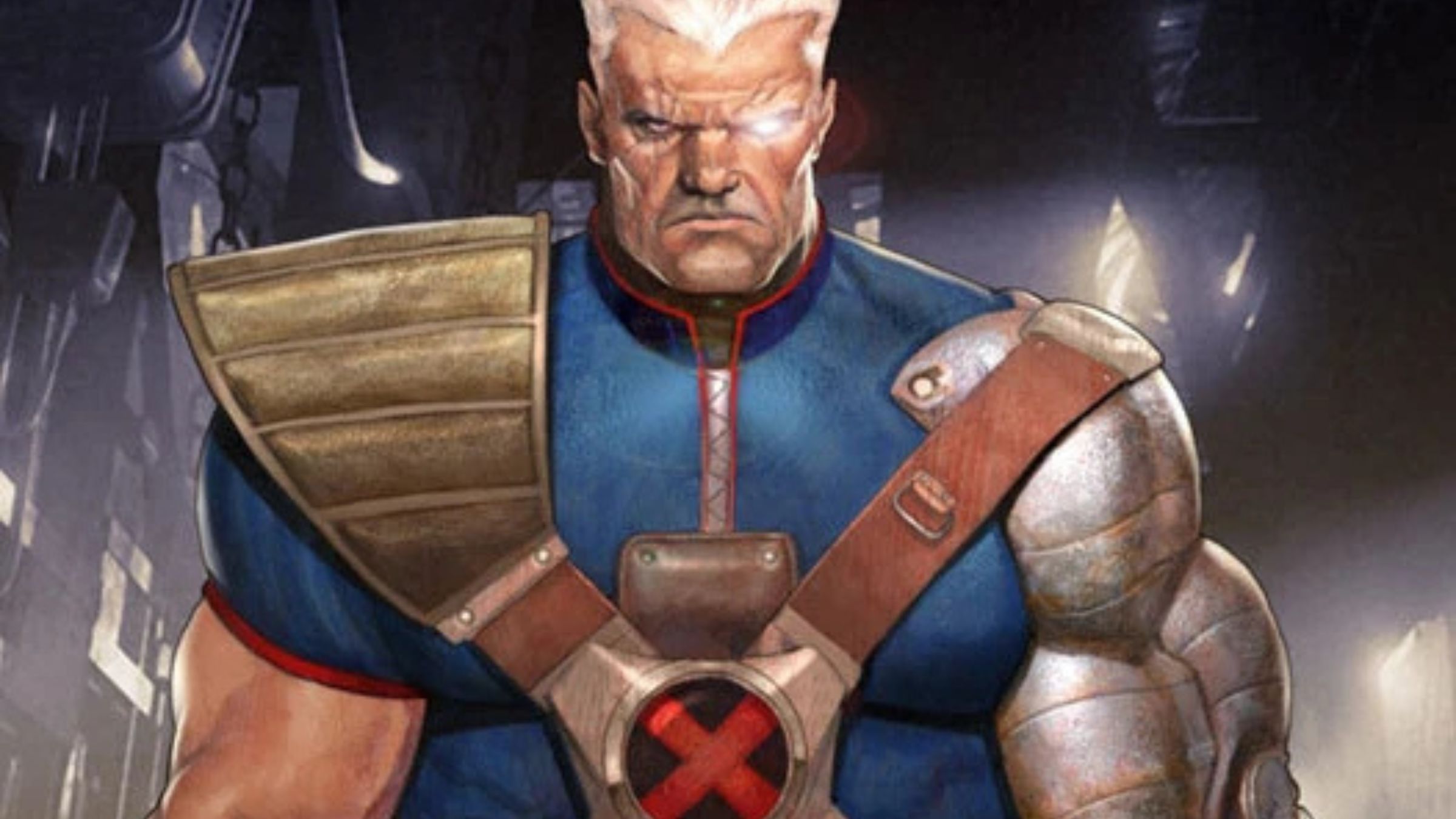 Cable em arte dos quadrinhos da Marvel, de ombreira e uniforme azul com o símbolo dos X-Men