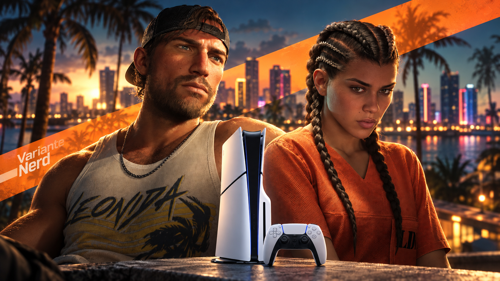 Montagem editorial com Jason Duval, Lucia Caminos e um PlayStation 5, com Vice City ao fundo.