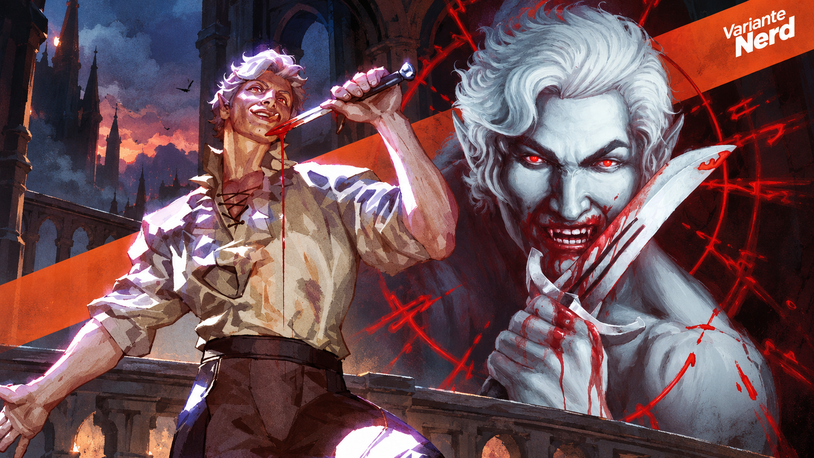 Astarion em duas artes dos quadrinhos de Baldur’s Gate 3, com adagas e runas vermelhas