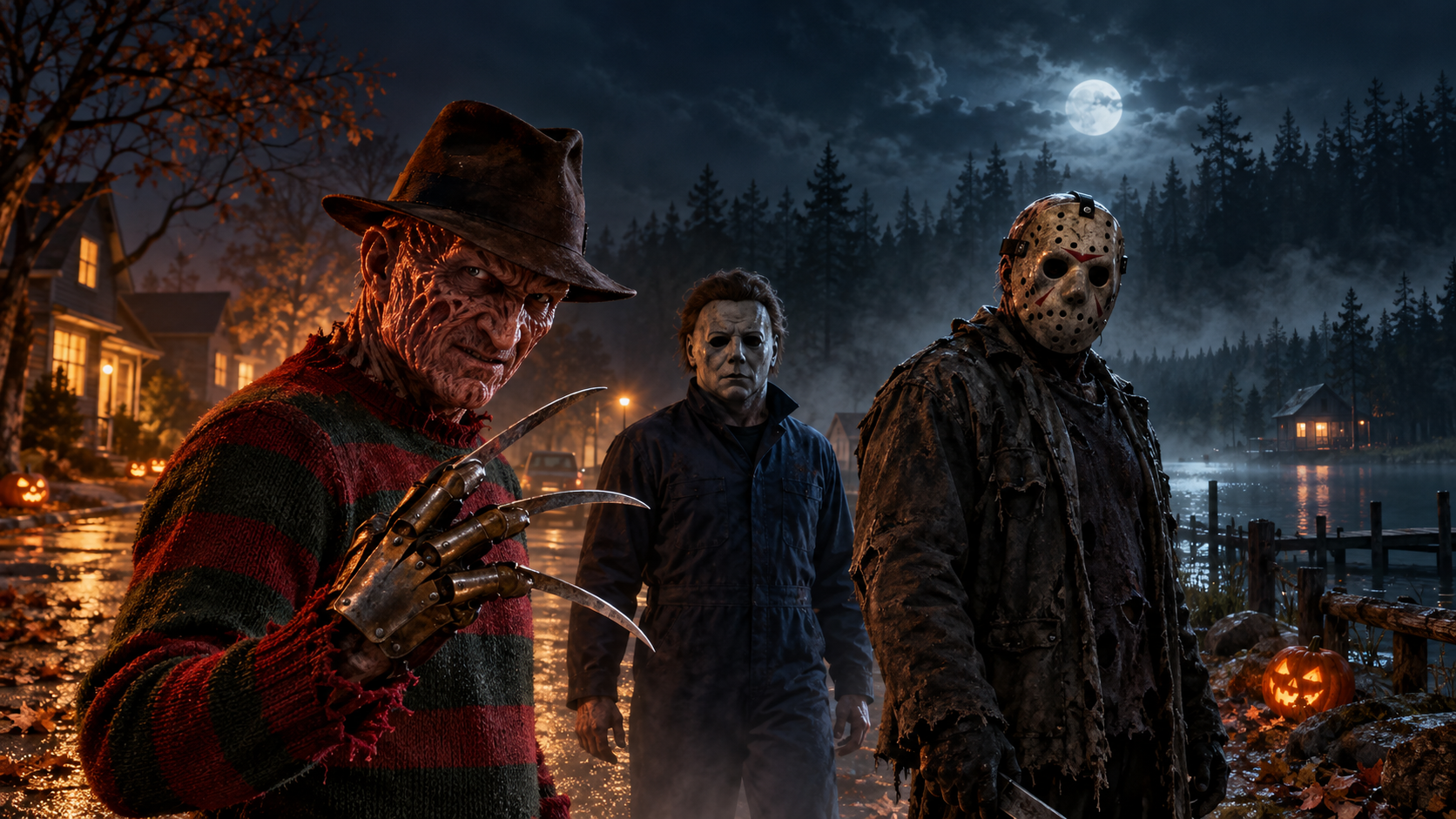Freddy Krueger, Michael Myers e Jason Voorhees em uma composição ilustrada para o Halloween.