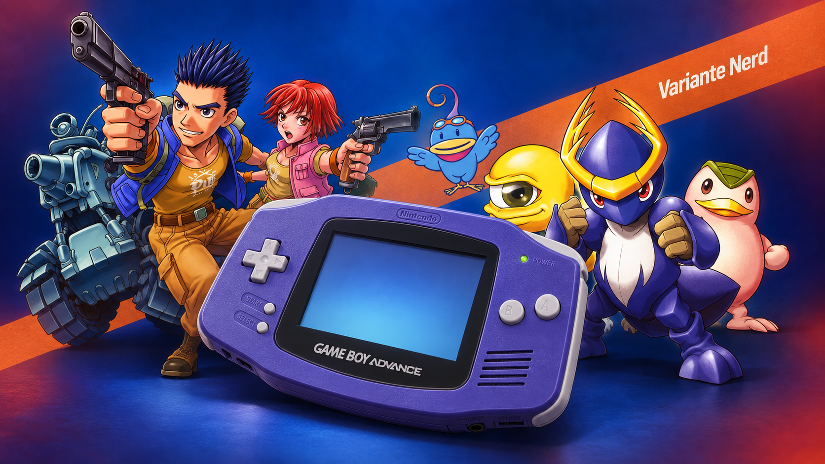 Game Boy Advance roxo com personagens de Metal Slug Advance, Monster Rancher Advance e Kururin Paradise