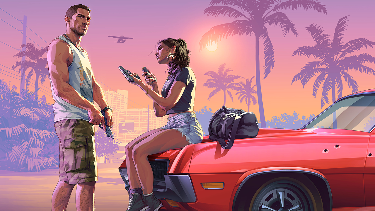 Jason e Lucia ao lado de um carro vermelho na arte do trailer de GTA 6