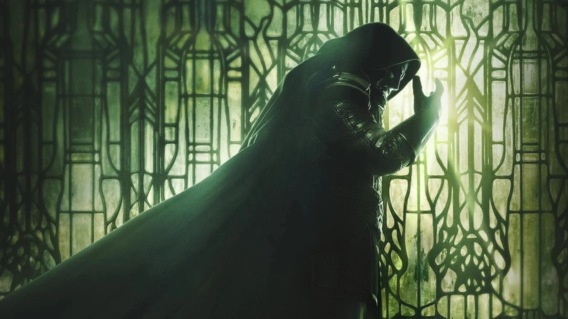 Doutor Destino de capuz em frente a vitrais verdes em arte de Vingadores: Doutor Destino