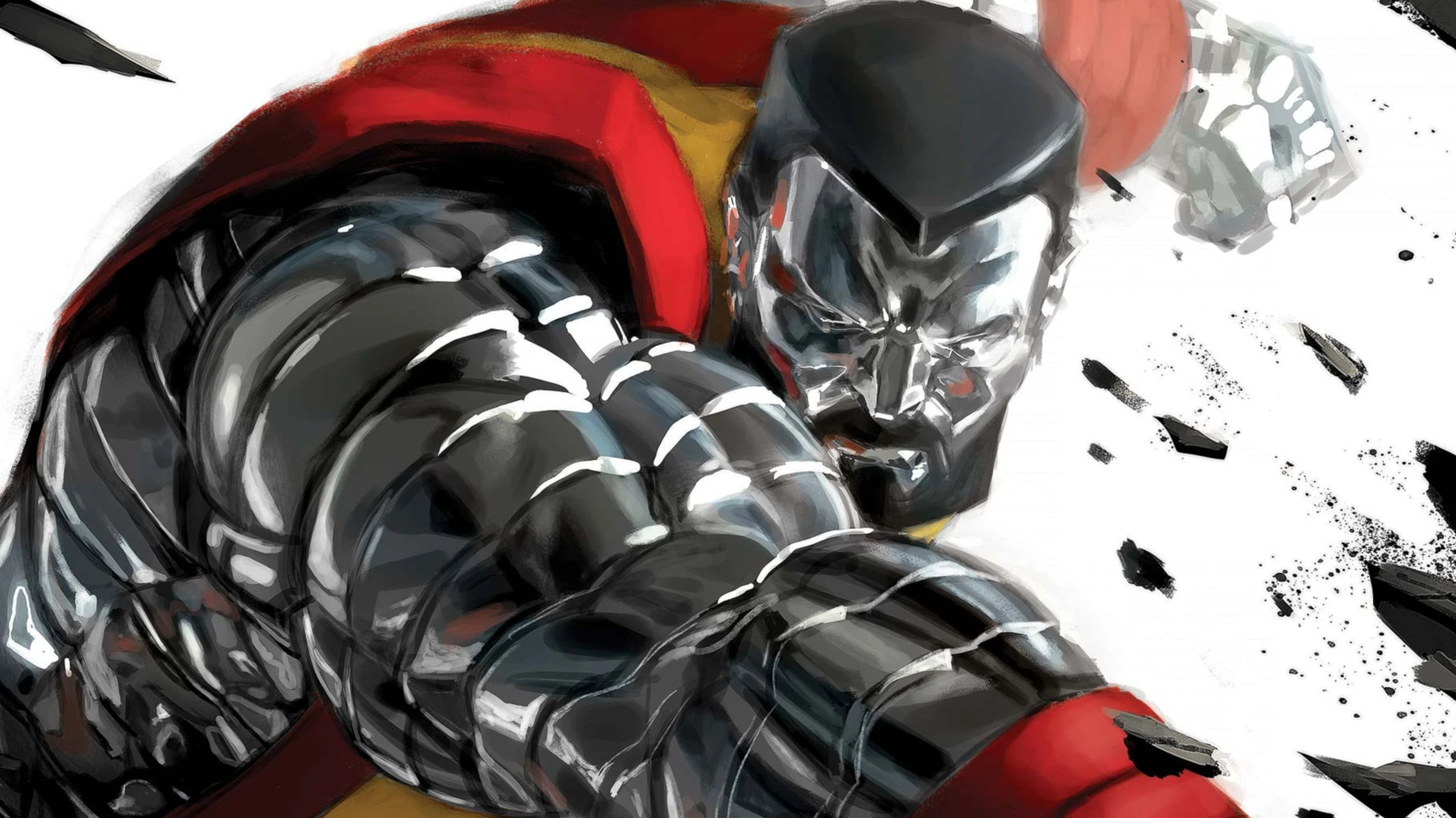 Colossus com o corpo de aço orgânico desferindo um golpe em arte dos quadrinhos da Marvel
