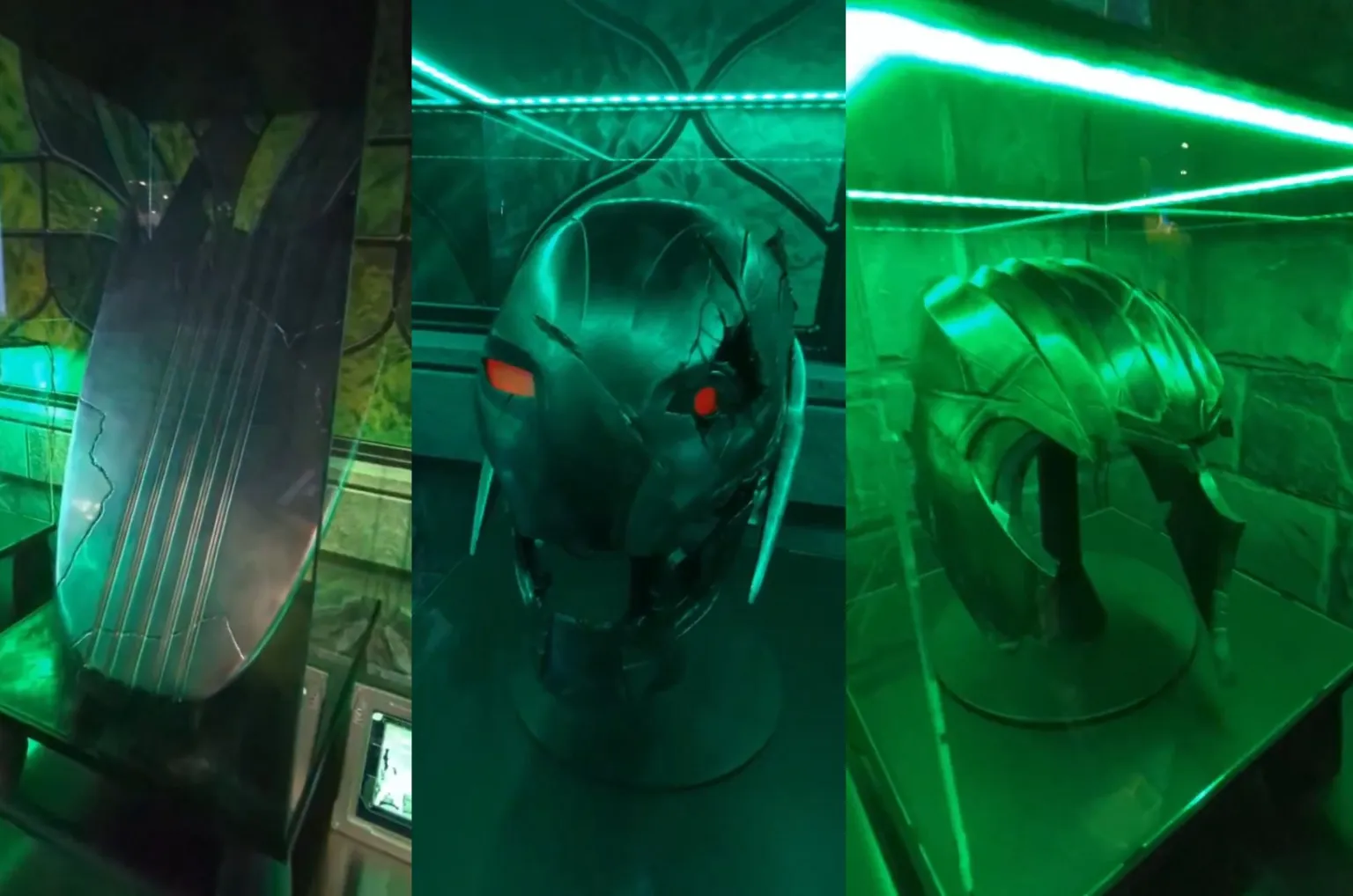 Fragmento da prancha do Surfista Prateado, cabeça de Ultron e capacete de Thanos na exposição da NYCC