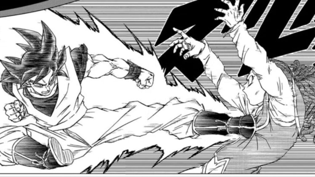 Goku em True Ultra Instinct atacando Gas no mangá de Dragon Ball Super