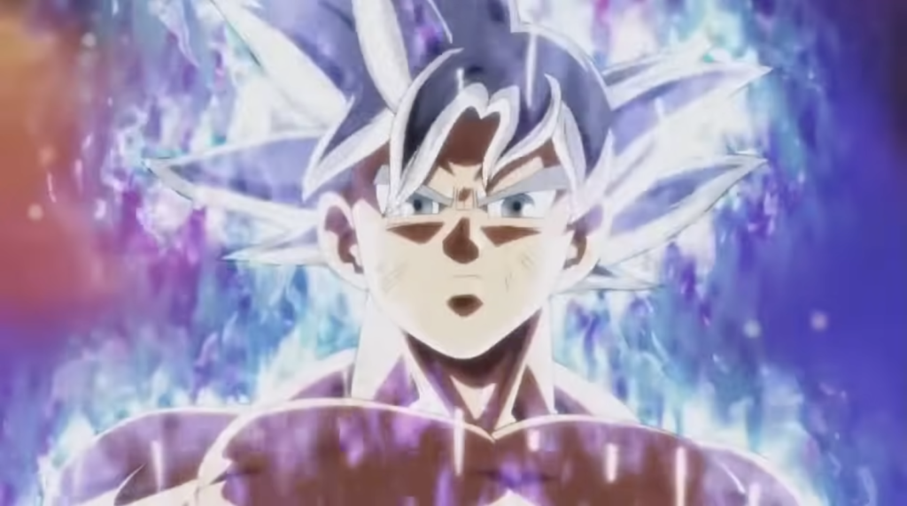 Goku em Ultra Instinto Perfeito, de cabelo prateado, no anime Dragon Ball Super