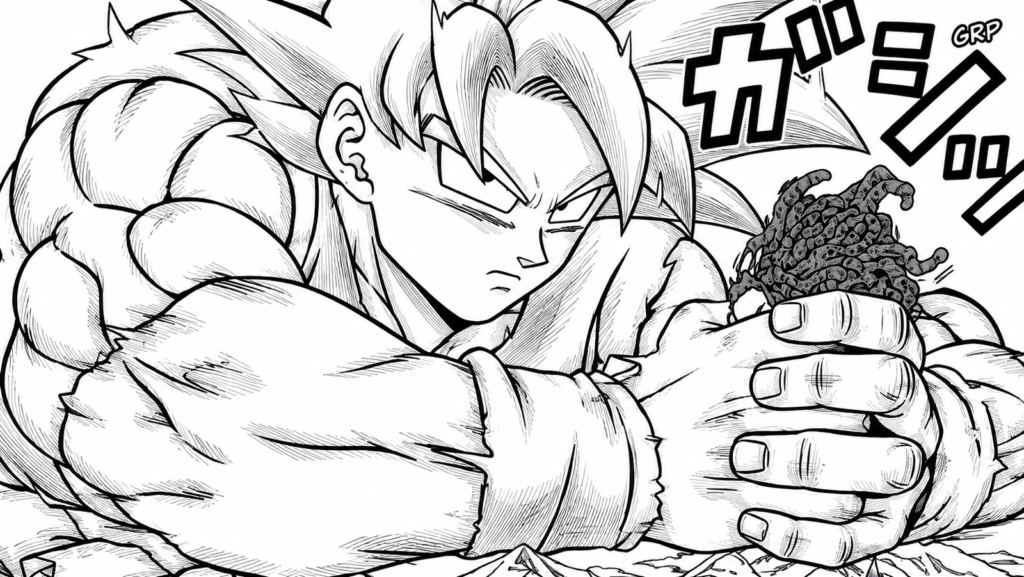 Goku em forma gigante de Ultra Instinto Perfeito no mangá de Dragon Ball Super
