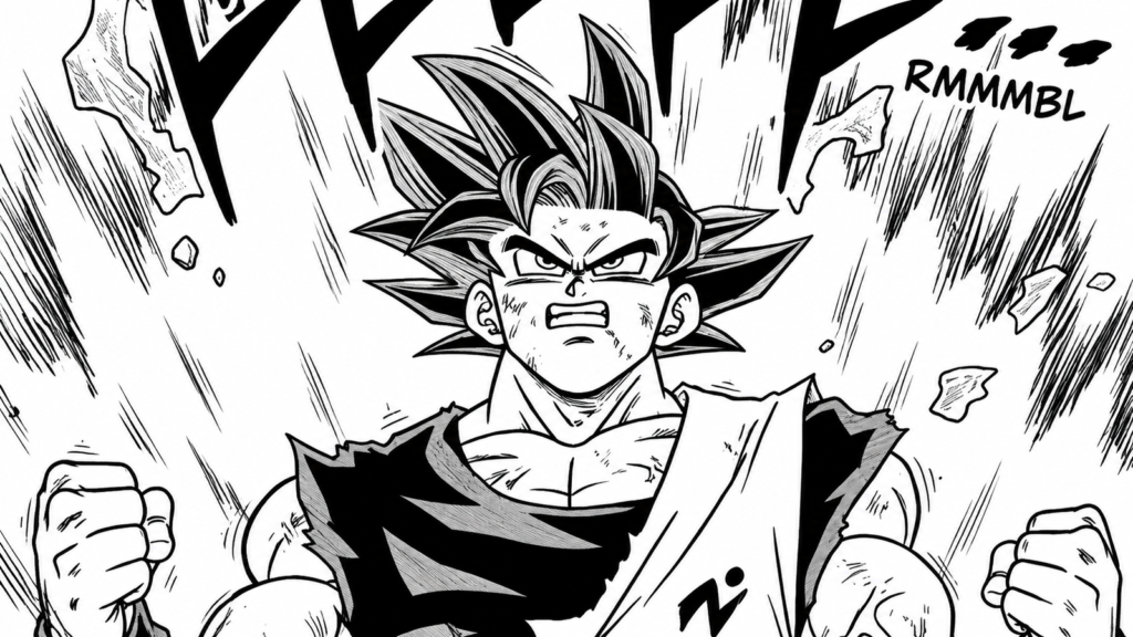Goku em Ultra Instinto Sign Powerhouse no mangá de Dragon Ball Super, na luta contra Moro