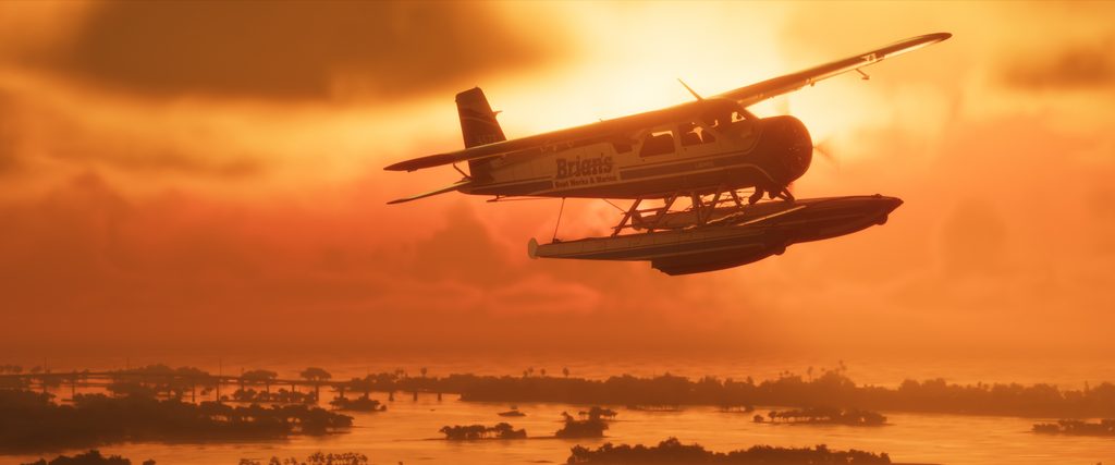 Hidroavião de Brian sobre as águas de Grassrivers ao pôr do sol em GTA 6