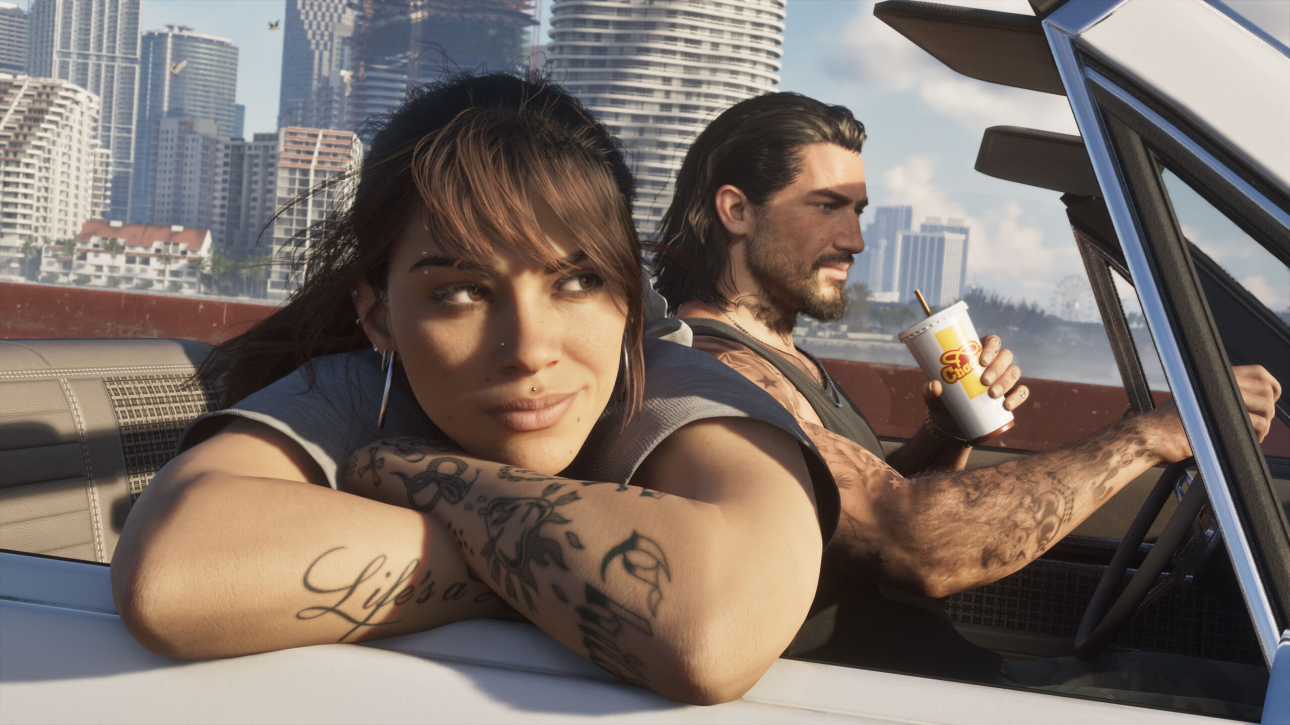 Jason e Lucia dentro de um carro em cena de GTA 6