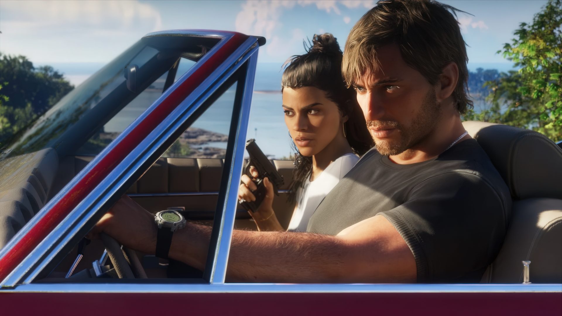 Jason e Lucia, protagonistas de GTA 6, em arte oficial da Rockstar Games